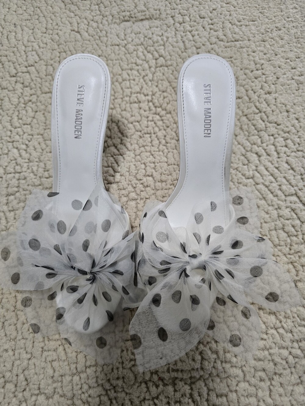 Steve Madden White Slide Mules with Black Polka Dot Bow